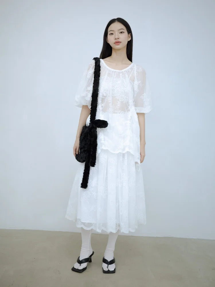 Rochelle Puff Sleeves Blouse - White Lace