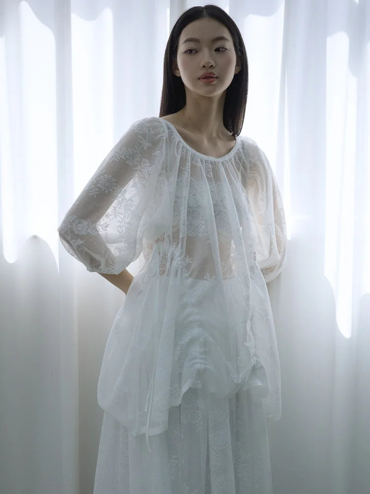 Rochelle Puff Sleeves Blouse - White Lace