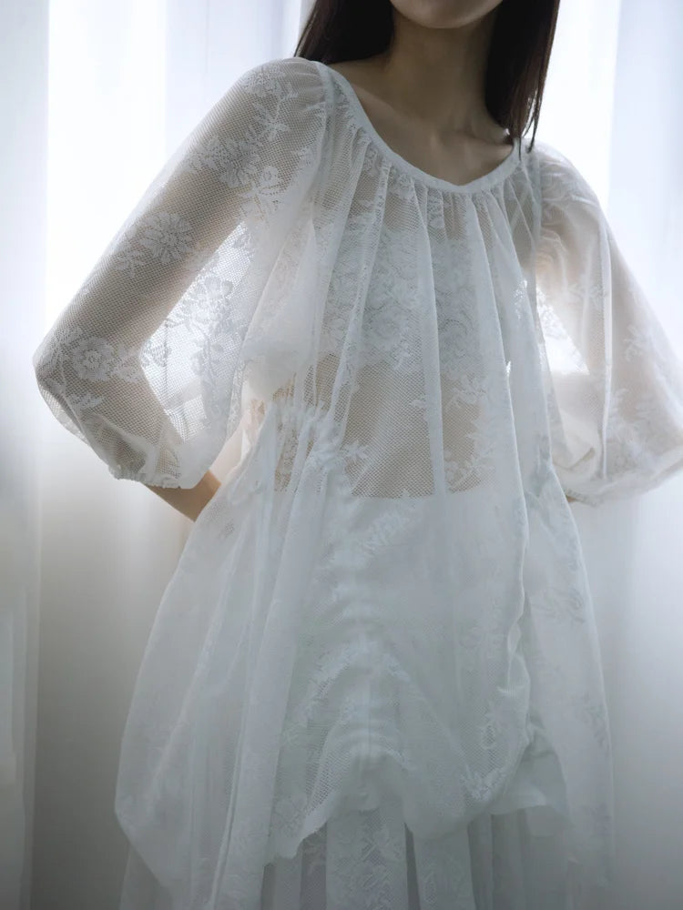 Rochelle Puff Sleeves Blouse - White Lace