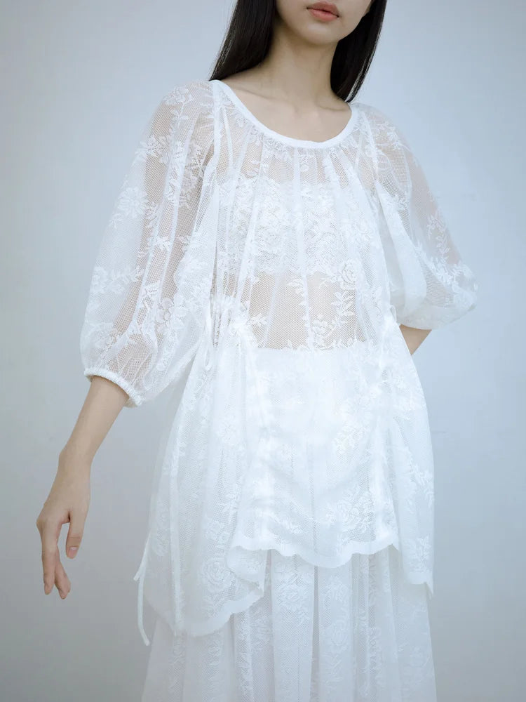 Rochelle Puff Sleeves Blouse - White Lace