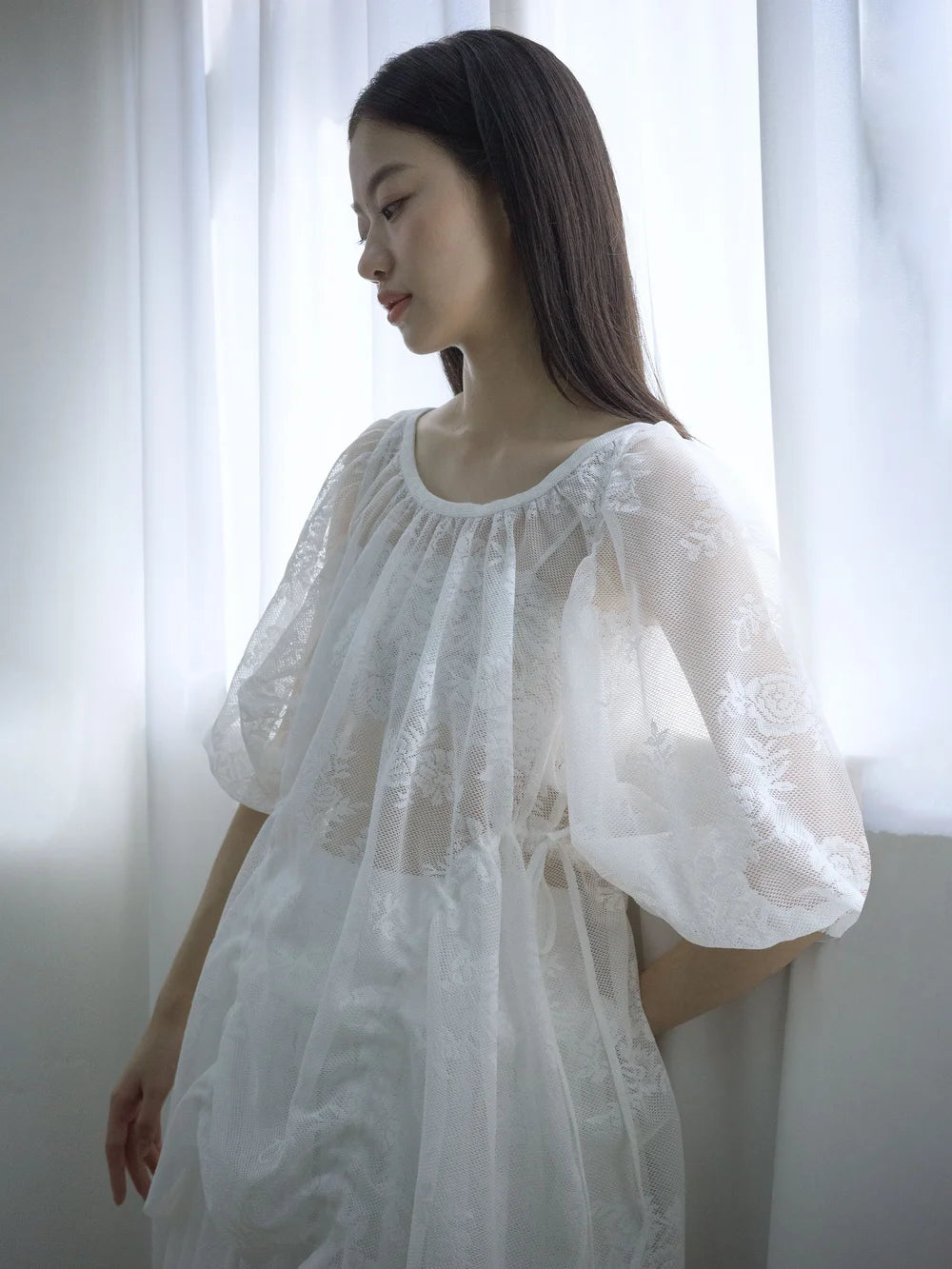 Rochelle Puff Sleeves Blouse - White Lace