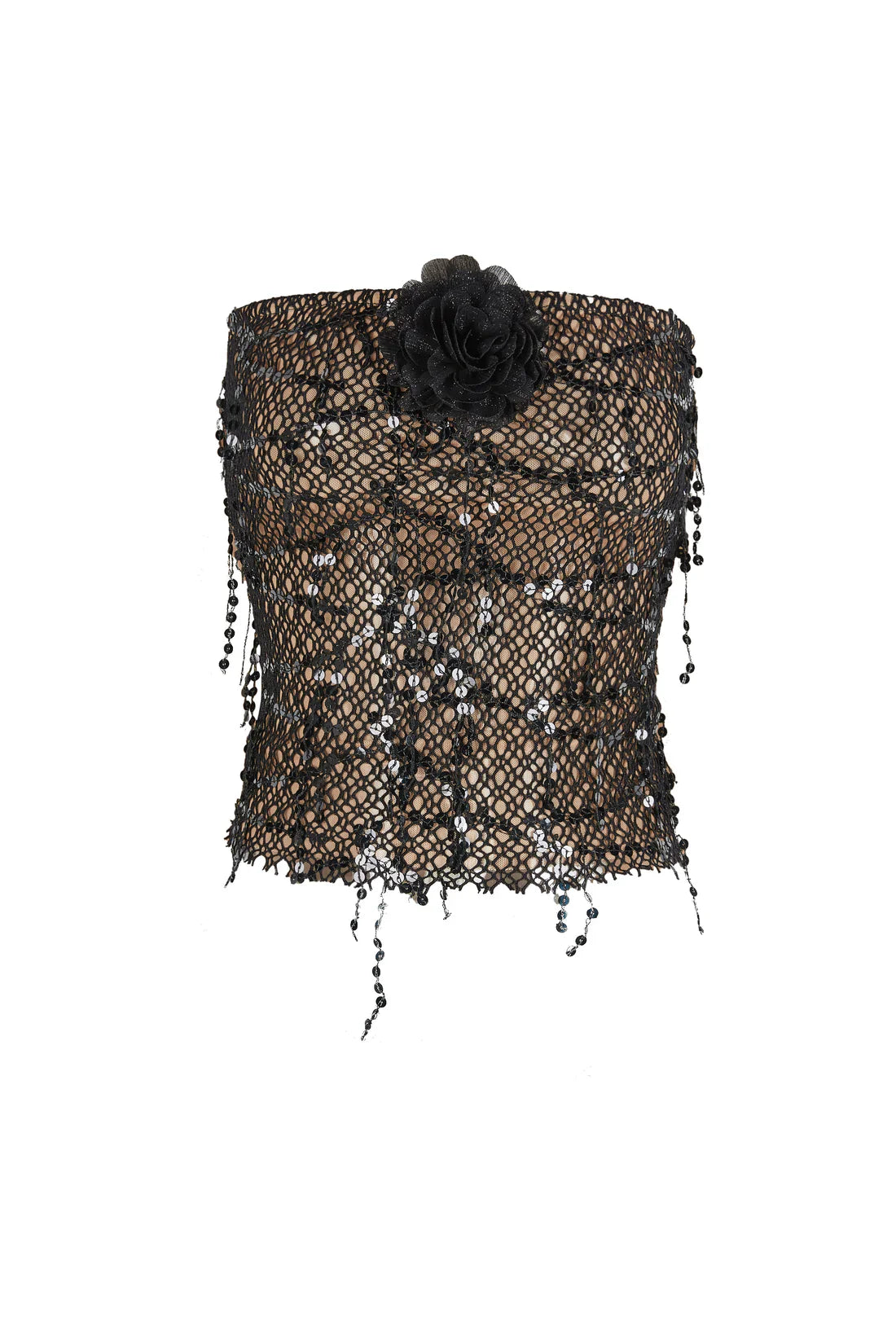Black Sequin Fishnet Lace Up Tube Top