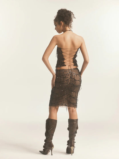Black Sequin Tassel Fishnet Skirt