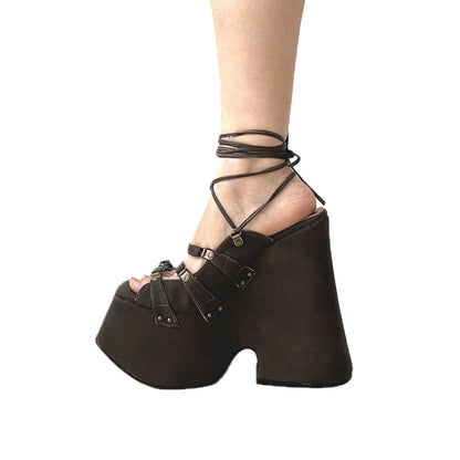 Dark Brown Vegan Leather Lace Up Platform Sandals