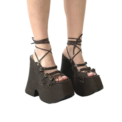 Dark Brown Vegan Leather Lace Up Platform Sandals