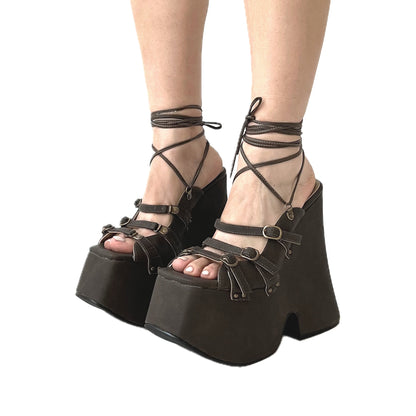 Dark Brown Vegan Leather Lace Up Platform Sandals