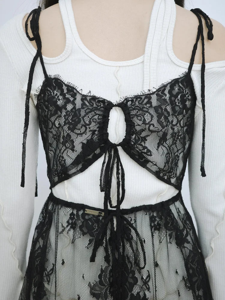 Simone Open-Back Slip Dress - Black Lace