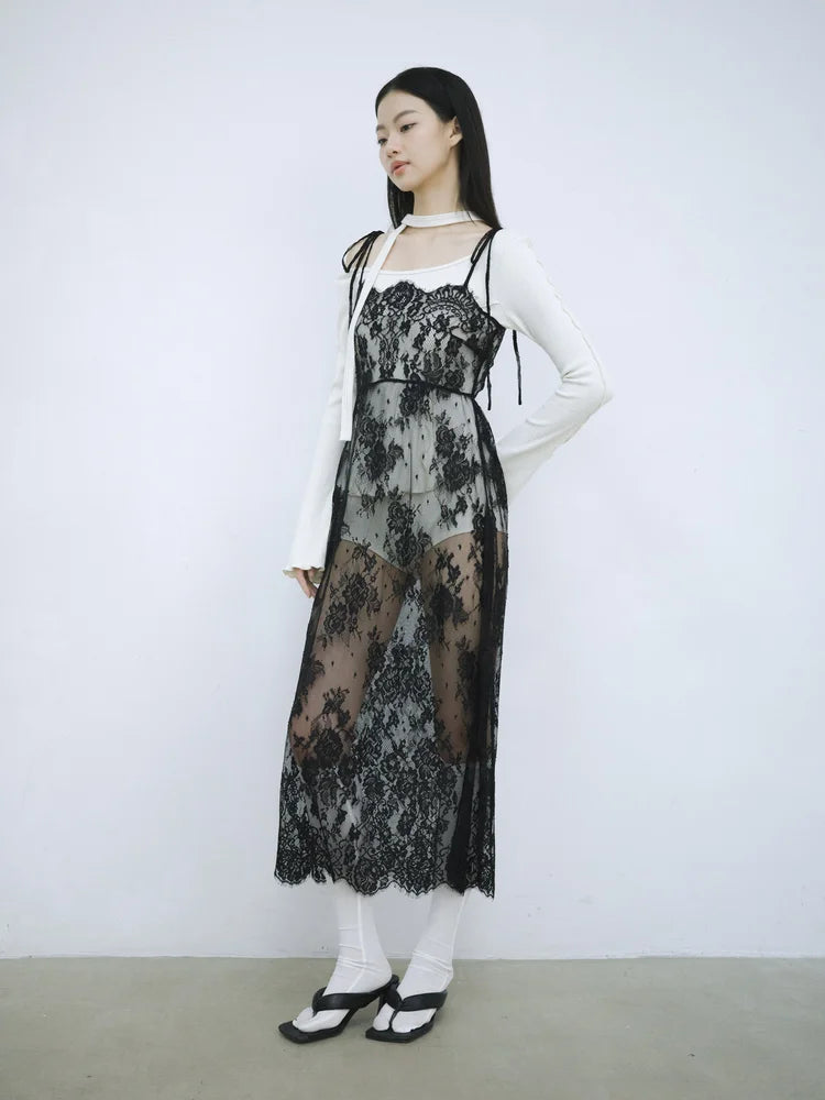 Simone Open-Back Slip Dress - Black Lace
