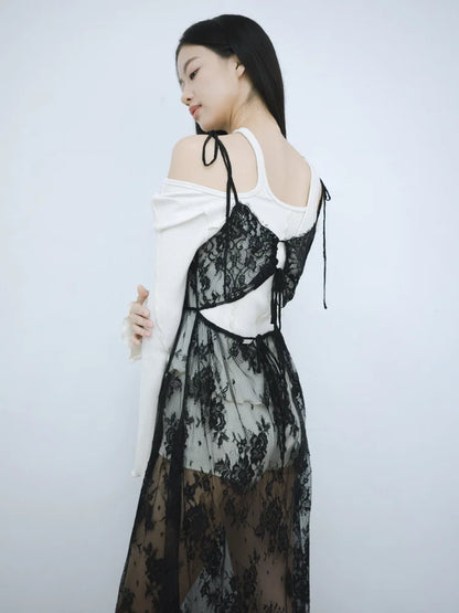 Simone Open-Back Slip Dress - Black Lace