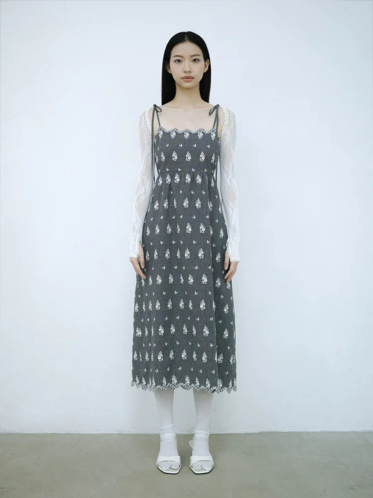 Simone Open-Back Slip Dress - Embroidered Check