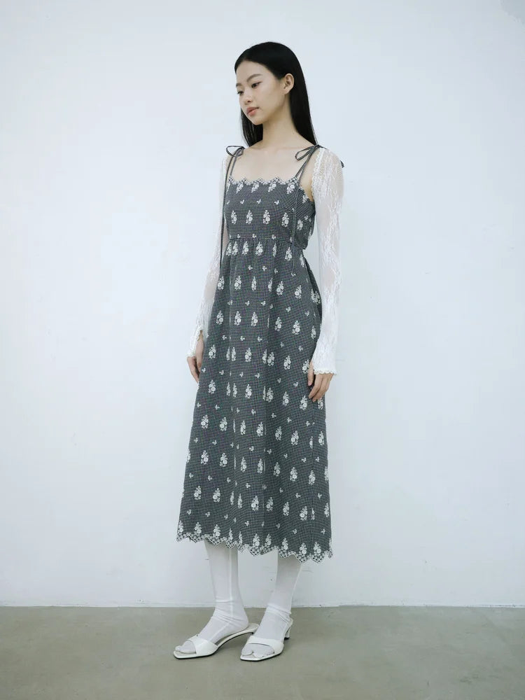 Simone Open-Back Slip Dress - Embroidered Check