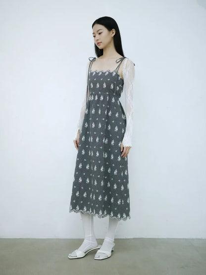 Simone Open-Back Slip Dress - Embroidered Check