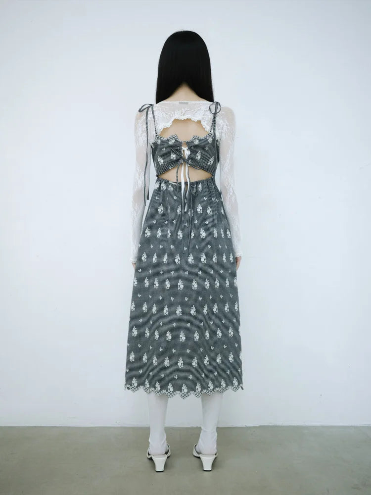Simone Open-Back Slip Dress - Embroidered Check