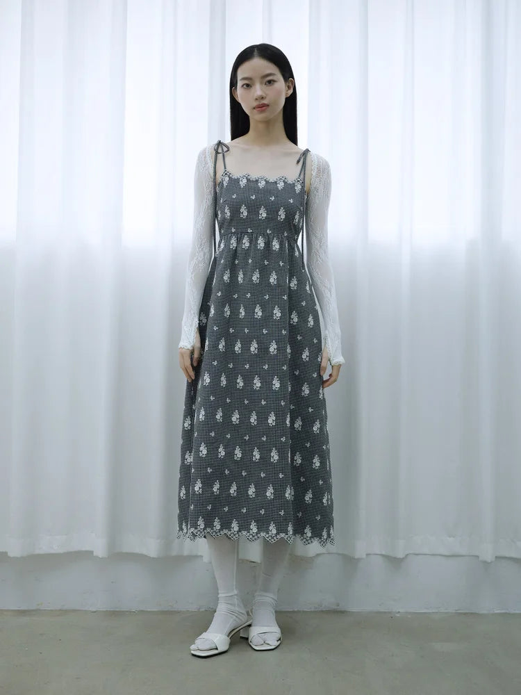 Simone Open-Back Slip Dress - Embroidered Check