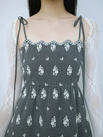 Simone Open-Back Slip Dress - Embroidered Check
