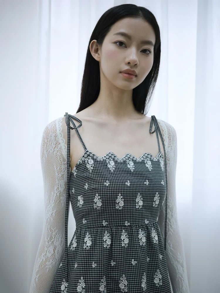 Simone Open-Back Slip Dress - Embroidered Check