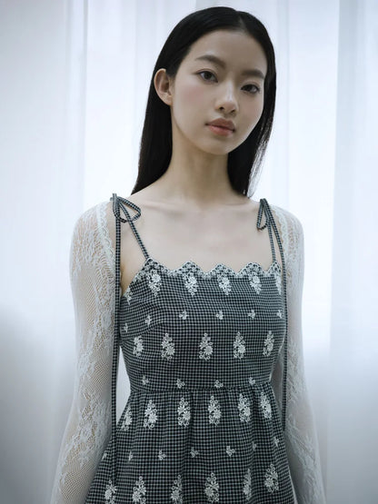 Simone Open-Back Slip Dress - Embroidered Check