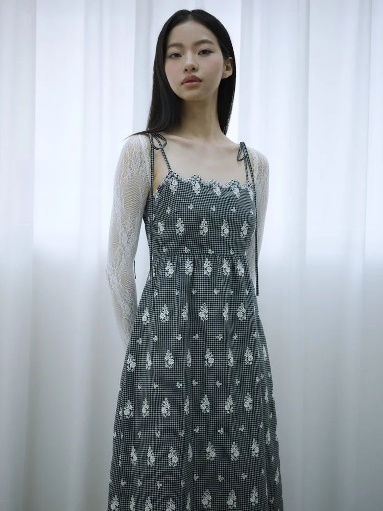Simone Open-Back Slip Dress - Embroidered Check