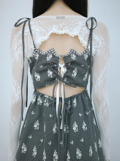 Simone Open-Back Slip Dress - Embroidered Check
