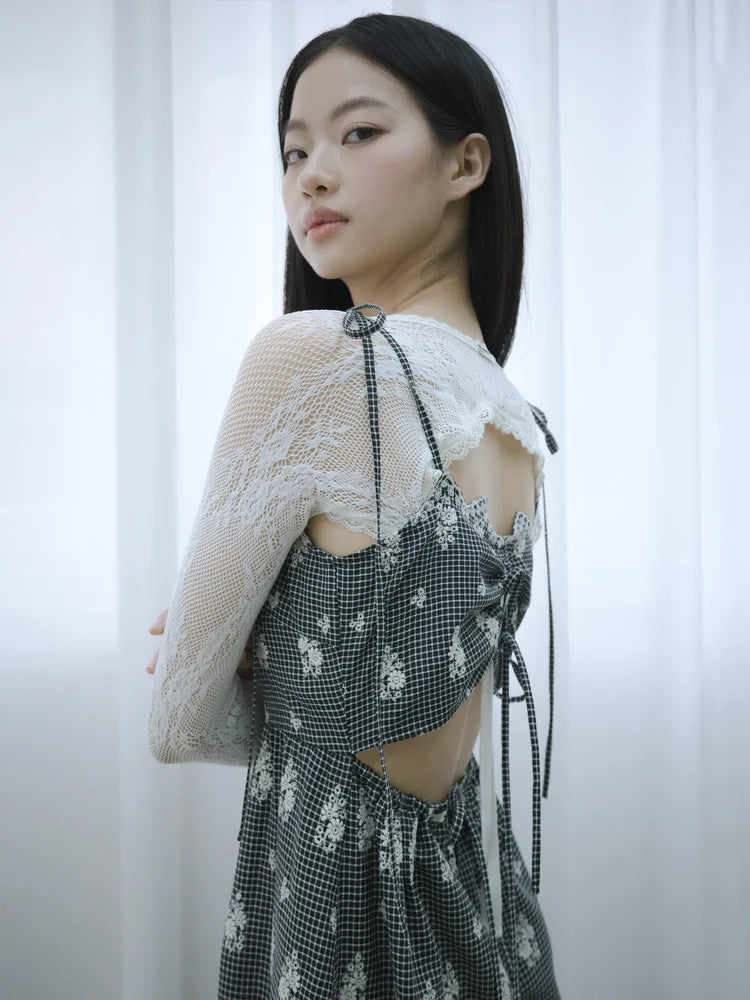 Simone Open-Back Slip Dress - Embroidered Check