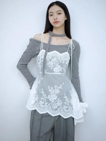 Sia Asymmetric Open-Back Camisole - White Lace