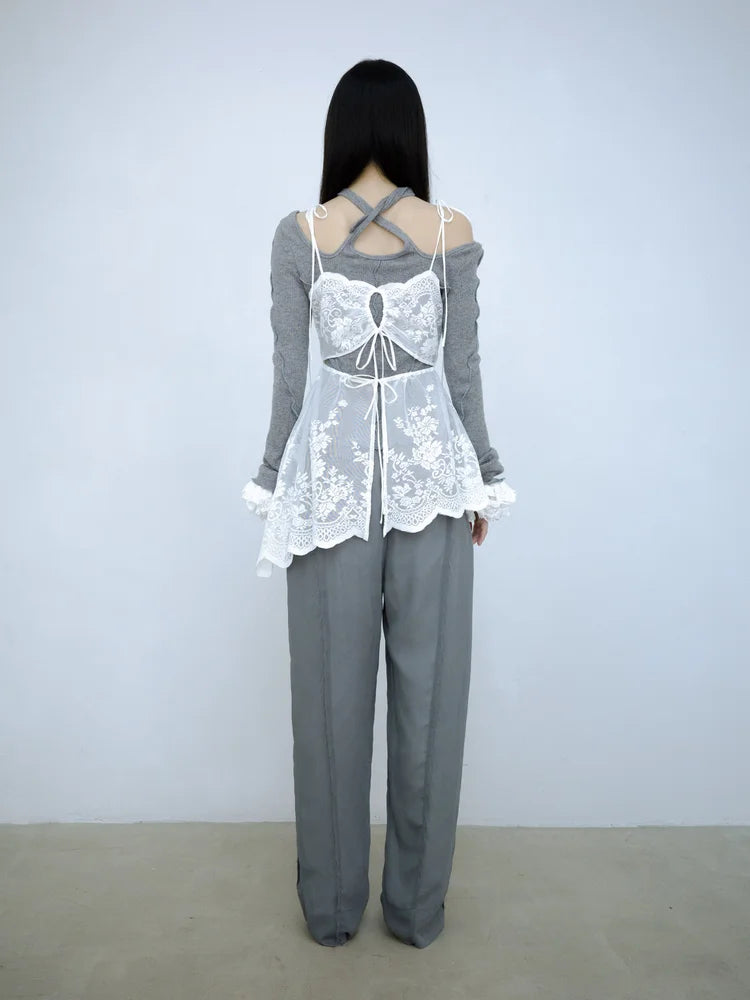 Sia Asymmetric Open-Back Camisole - White Lace