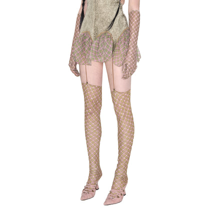 Plaid Lace Thigh Stockings garter belt set Fenlü