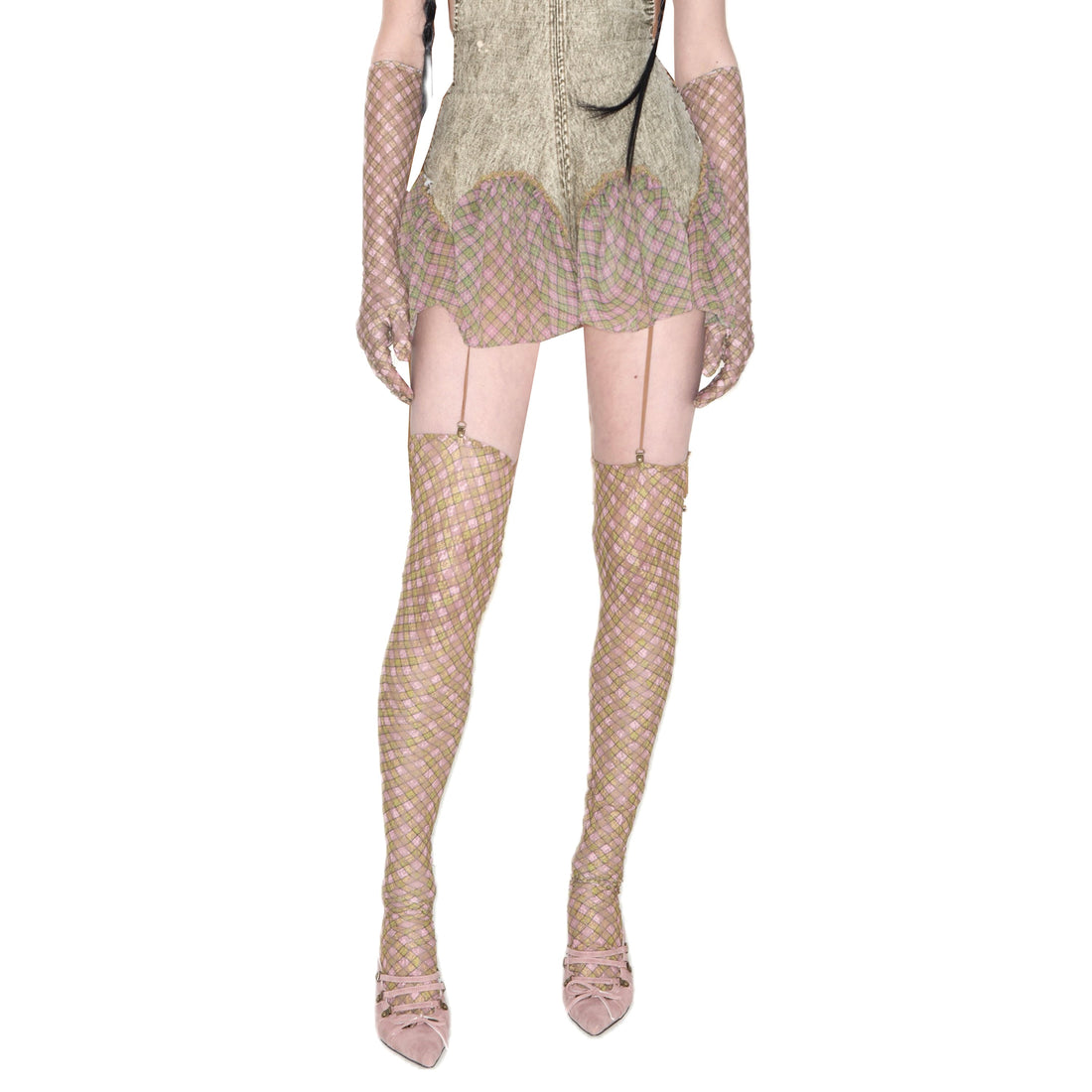 Plaid Lace Thigh Stockings garter belt set Fenlü