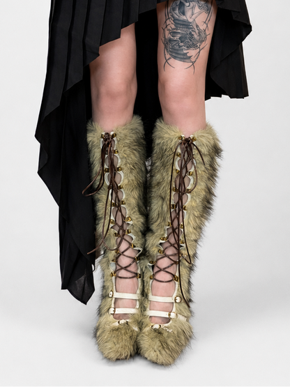 Satin Binded Lace Up Faux Fur Caterpillar Boots Straw Yellow