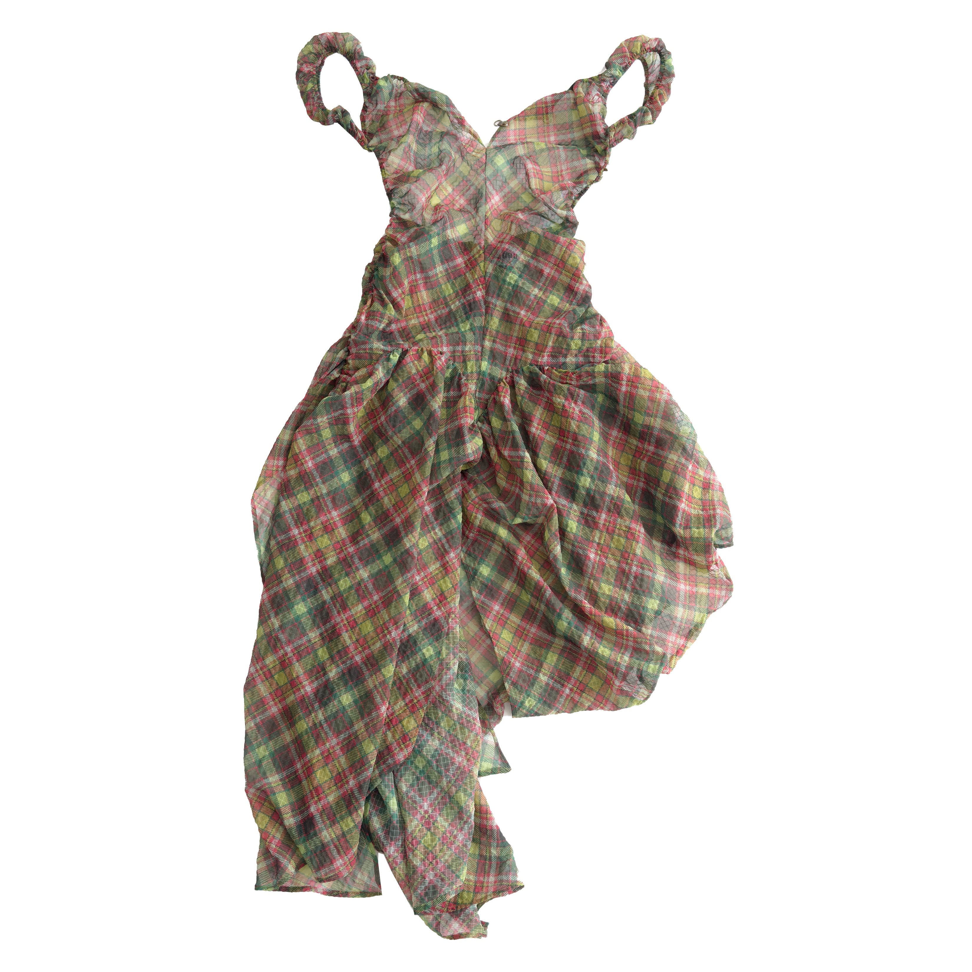 Plaid Puff Chiffon Asymmetrical Dress  [Green+Blush]