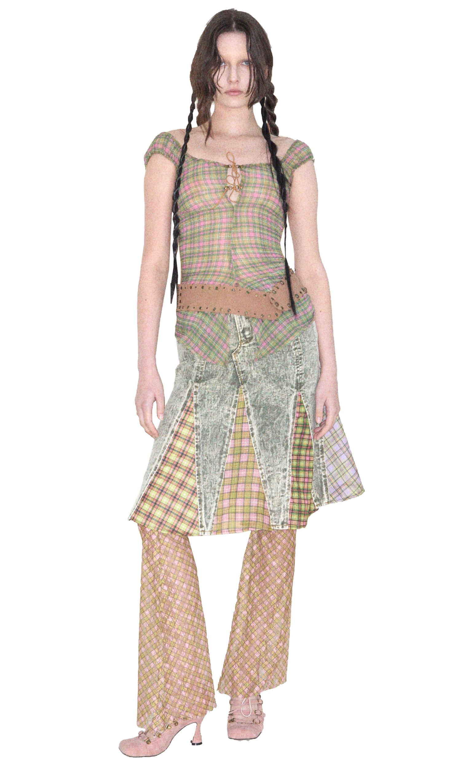 Plaid Lace Bell Bottom Pants Fenlü