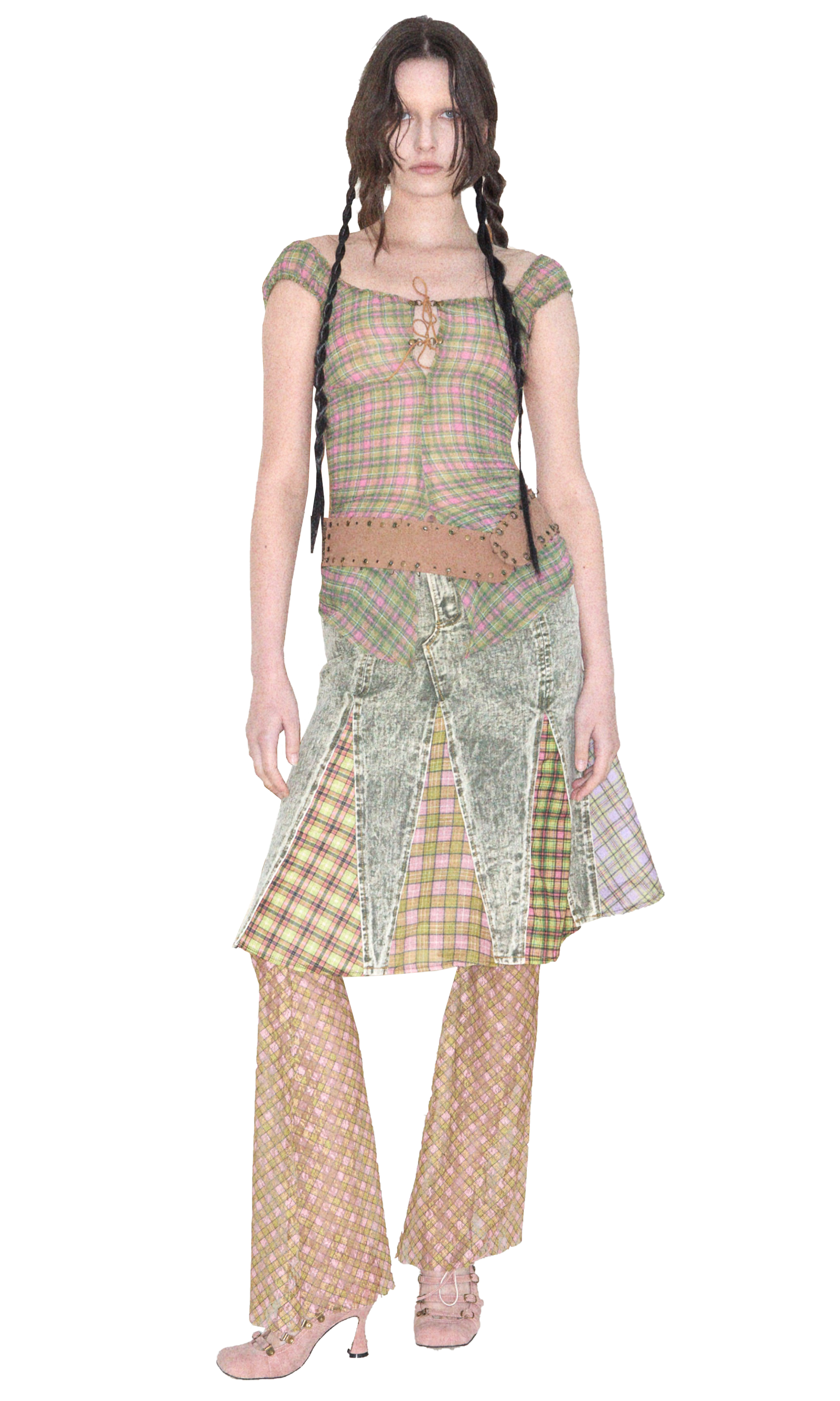 Plaid Lace Bell Bottom Pants Fenlü