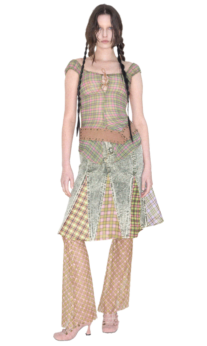 Plaid Lace Bell Bottom Pants Fenlü